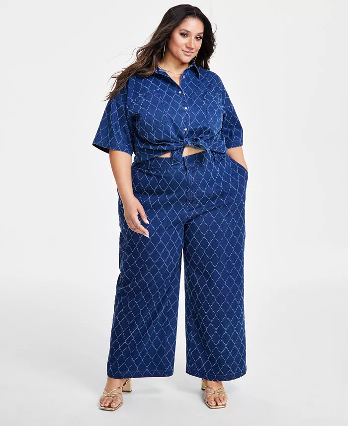 

Джинсы с широкими штанинами и алмазной текстурой Plus Size Nina Parker, синий