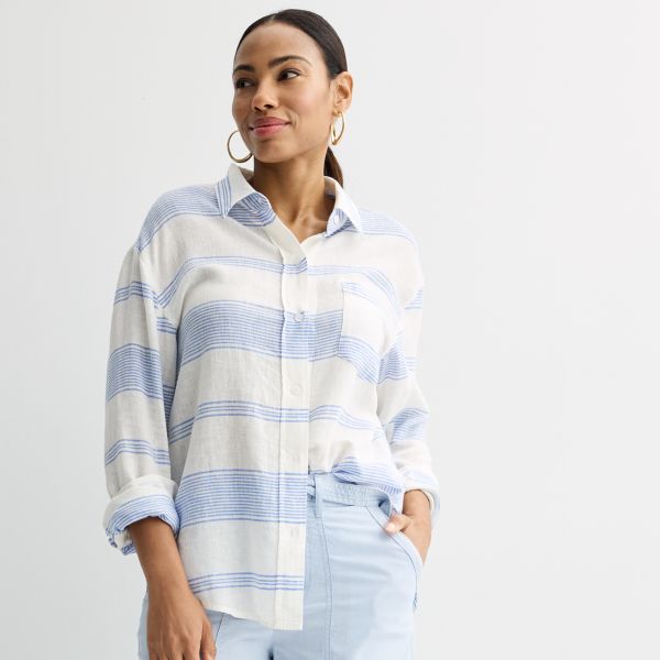 

Миниатюрная льняная рубашка бойфренда Sonoma Goods For Life, цвет neutral blue stripe