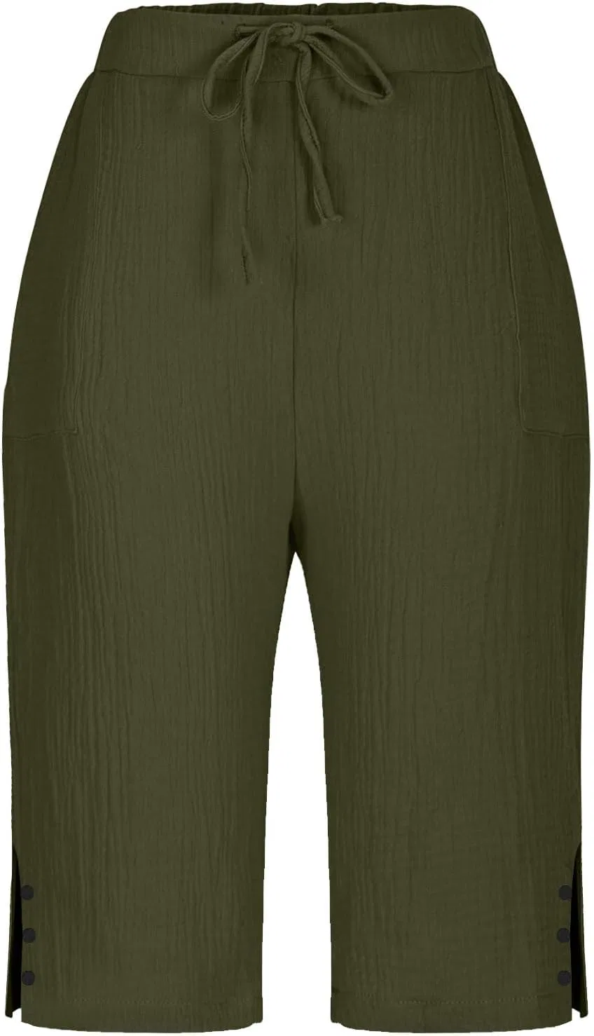 Generic Длинные шорты для женщин, повседневные летние шорты-бермуды с высокой талией, длиной до колена, из льна, свободного кроя, с карманами, K78-Army Green — фото 3