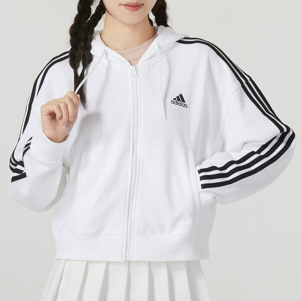 Куртка 3 полоски френч три терри бомбер с капюшоном на молнии Adidas, белый — фото 3
