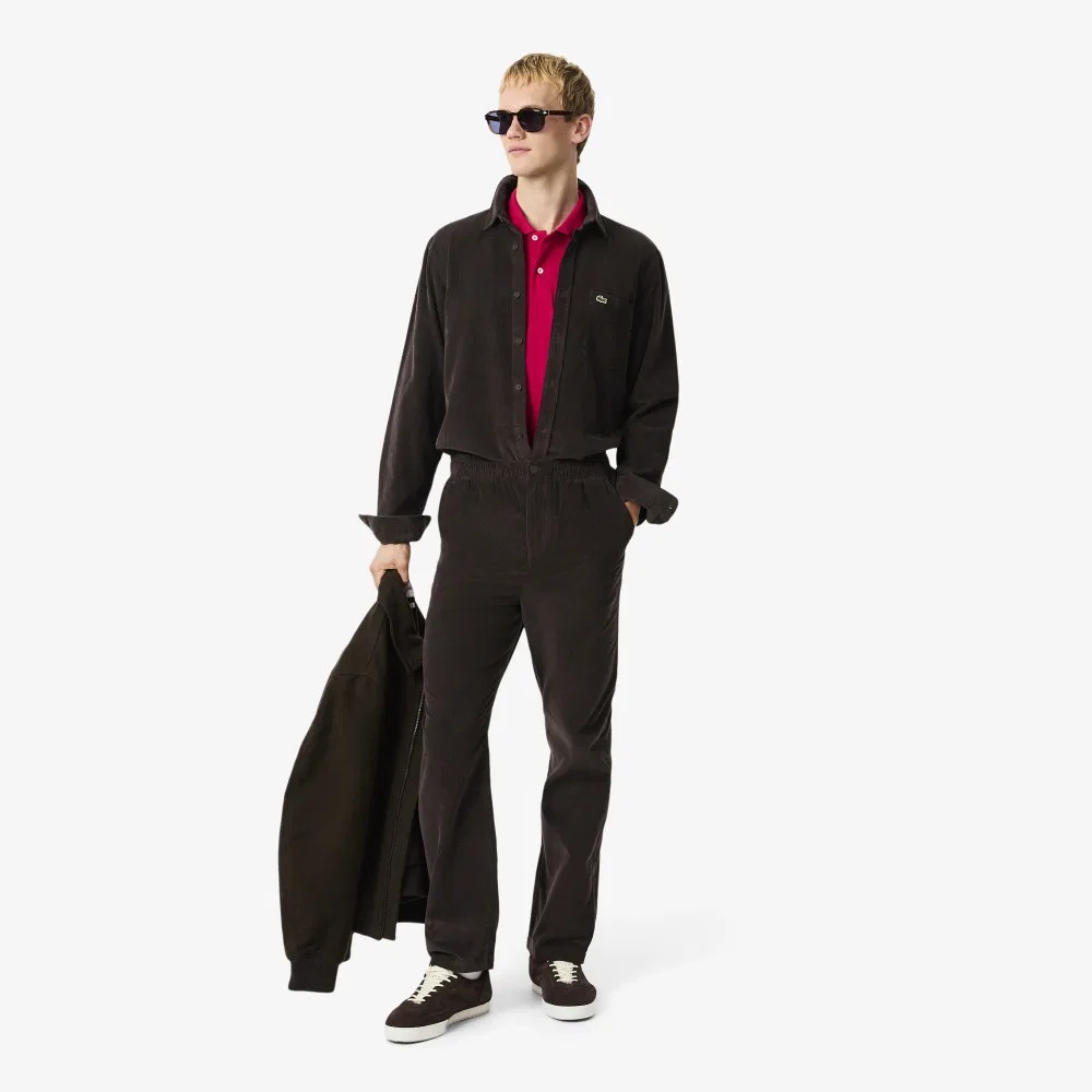 Мужские вельветовые брюки с эластичным поясом тёмно-коричневые от Lacoste — фото 4