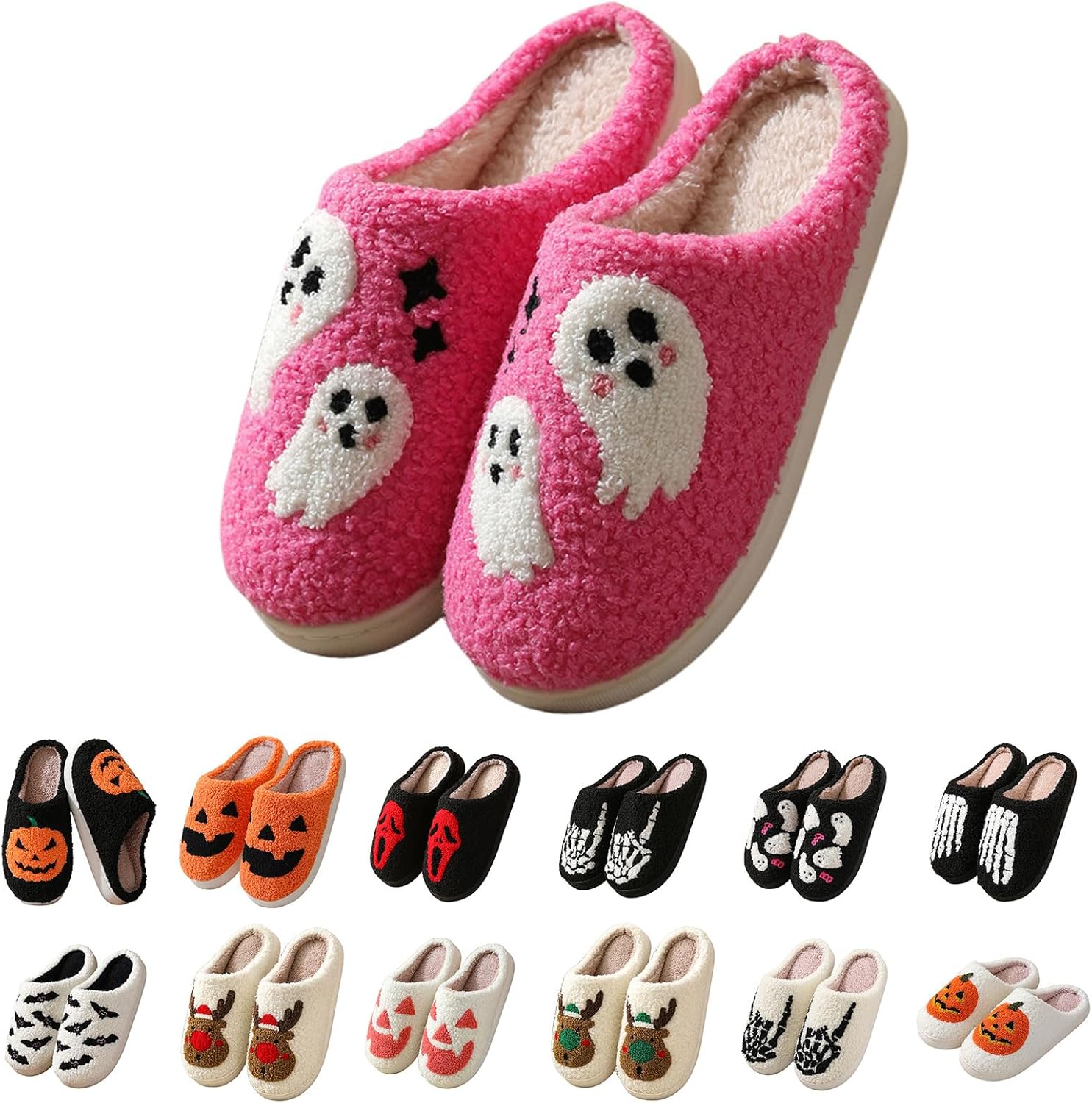 

Мужские и женские тапочки на Хэллоуин, милые мягкие плюшевые тапочки с мультяшным рисунком, домашние тапочки без застежек, утепленные мехом, противоскользящие для дома и улицы, мягкие и уютные тапочки для спальни Rianclud, мультиколор