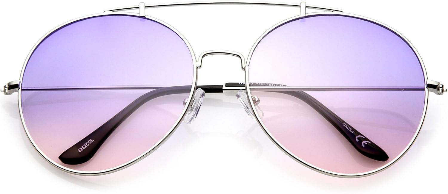 

zeroUV - Солнцезащитные очки-авиаторы с увеличенной металлической двойной переносицей, тонкими дужками и градиентными круглыми линзами, диаметр линз 64 мм, Silver / Purple-pink