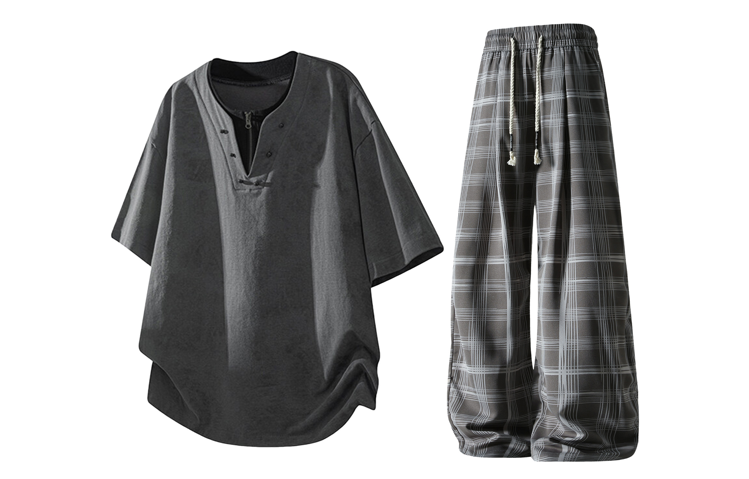 

Повседневная спортивная одежда Unisex V-образный вырез Moderate X1617, серый tie-dye short-sleeved+серый plaid pants