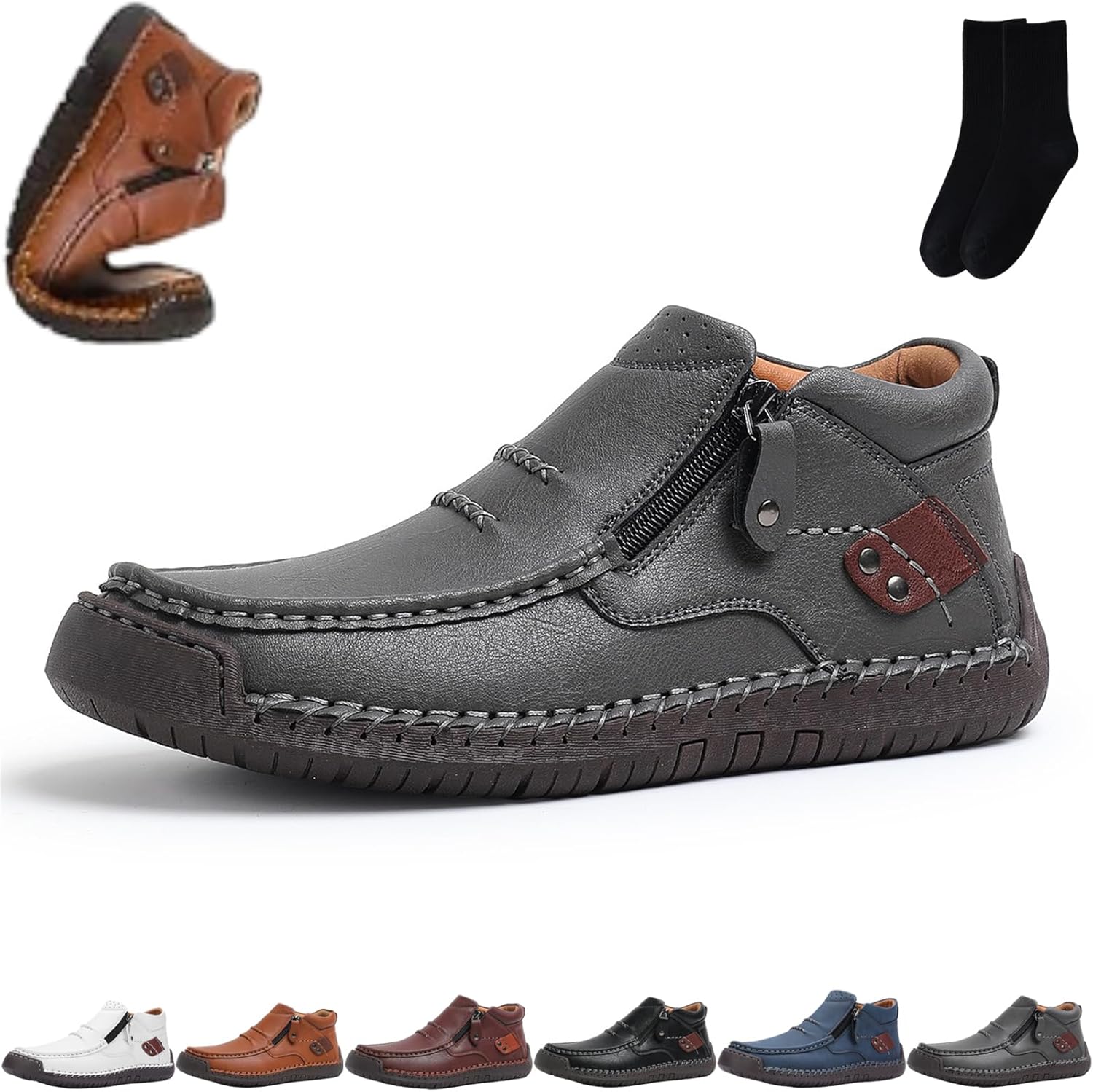 

Мужские ручной работы премиальные кожаные слипоны для вождения с боковой молнией, мужские удобные кожаные ботинки ручной работы, уличная повседневная водонепроницаемая легкая обувь на плоской подошве Xylawave, серый