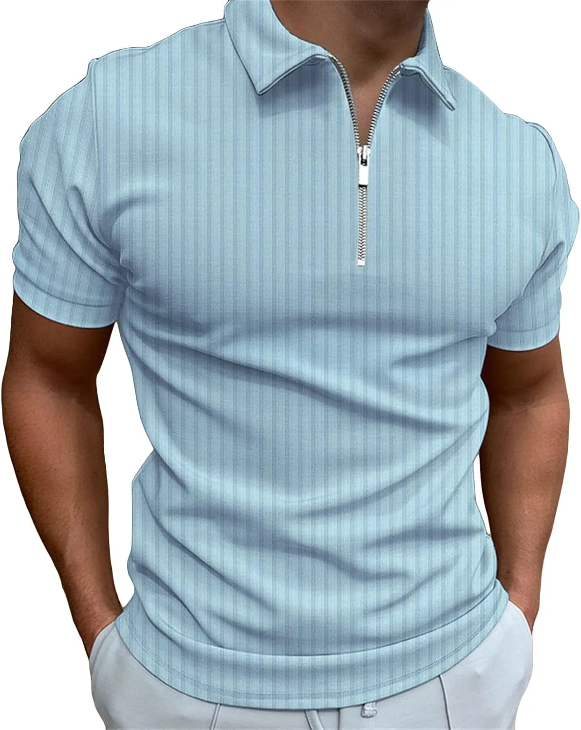 Футболка-поло с молнией Muscle T-Shirt Lapel Zip Tops Slim Fit — фото 2