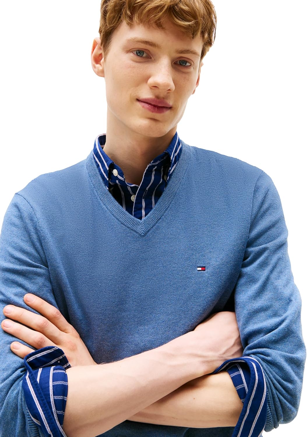 Мужской хлопковый однотонный свитер с V-образным вырезом Tommy Hilfiger, легкий пуловер, Petrol Blue Heather — фото 2
