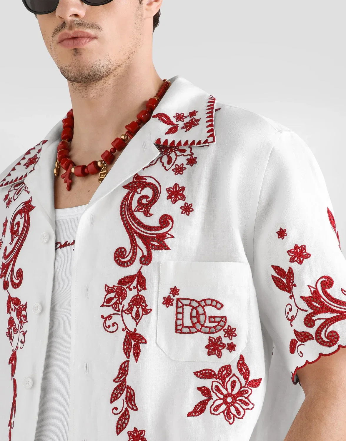 Гавайская льняная рубашка с вышивкой ришелье DOLCE & GABBANA, белый — фото 4