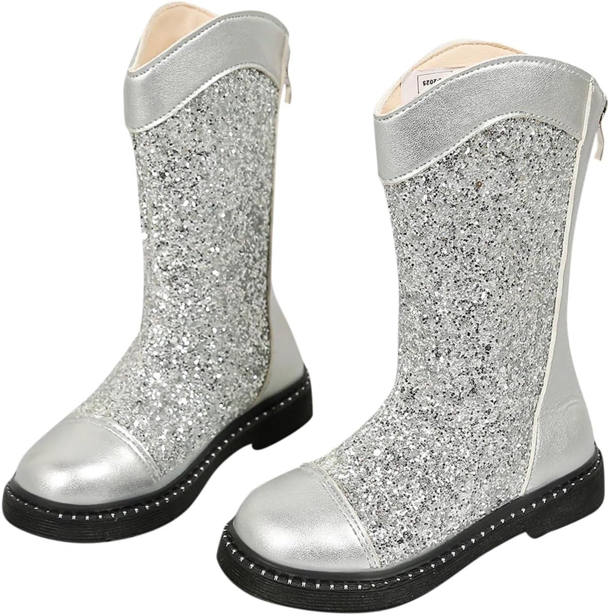 

Девичьи ботинки до колена с модными блестками, молнией сзади, имитацией кожи, противоскользящей подошвой, для вечеринок Generic, Silver