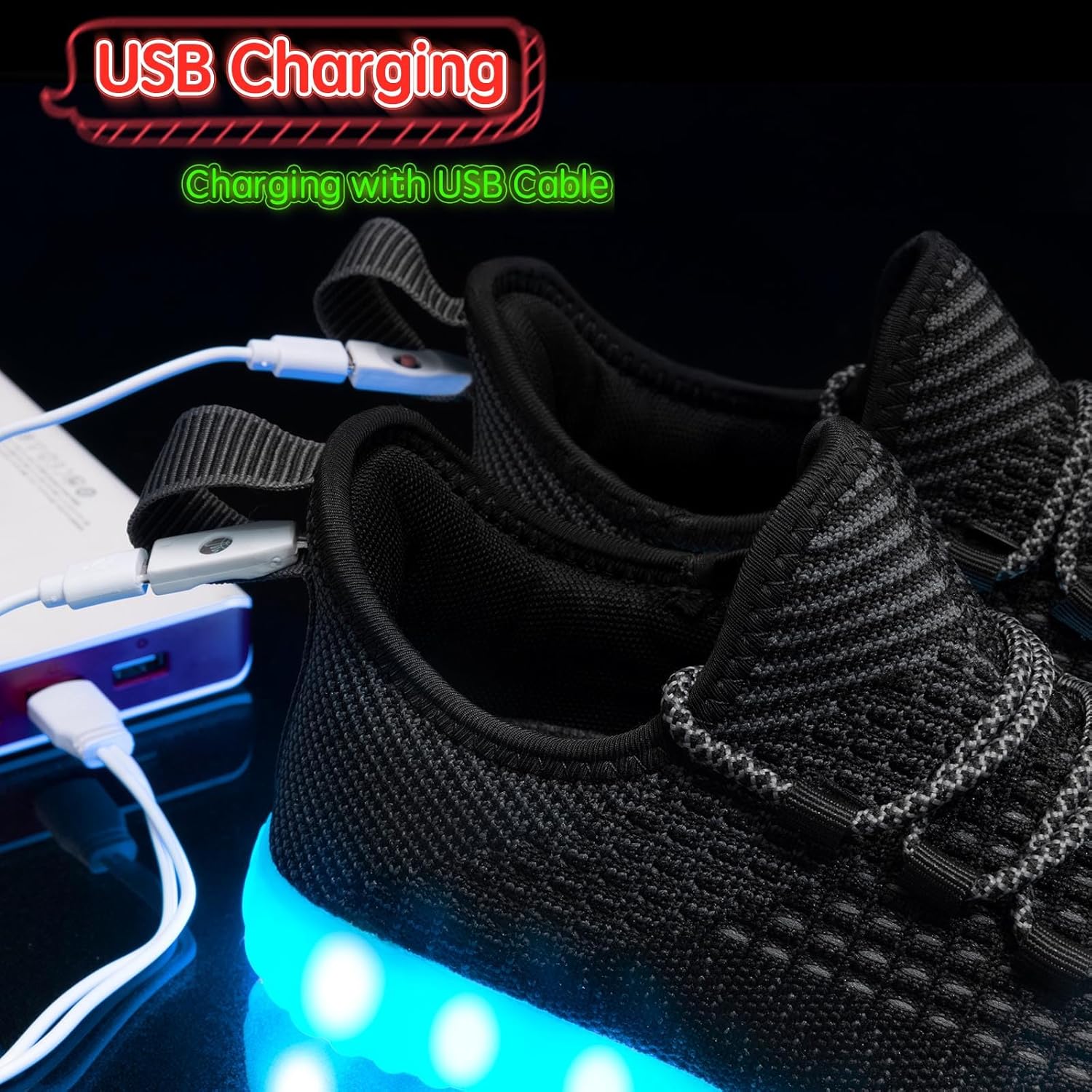 Светящиеся кроссовки для женщин и мужчин, унисекс, с USB-зарядкой, LED, для взрослых, с сетчатым верхом, светящиеся, мерцающие кроссовки для танцев Bosenhulu, черный — фото 4