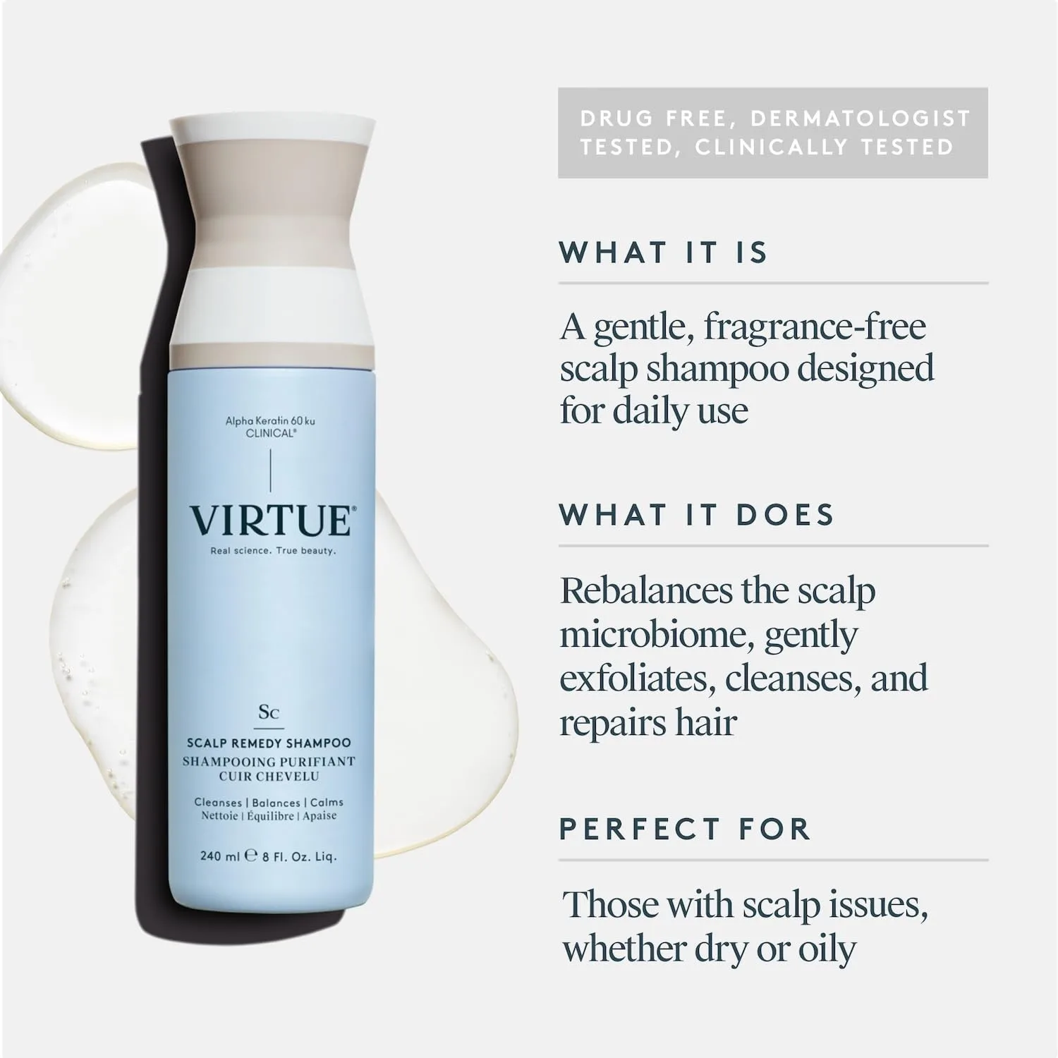 Шампунь VIRTUE Scalp Remedy, балансирующий микробиом сухой, жирной и раздраженной кожи головы, без отдушек, безопасен для всех типов волос, подходит для окрашенных волос, 237 мл — фото 2
