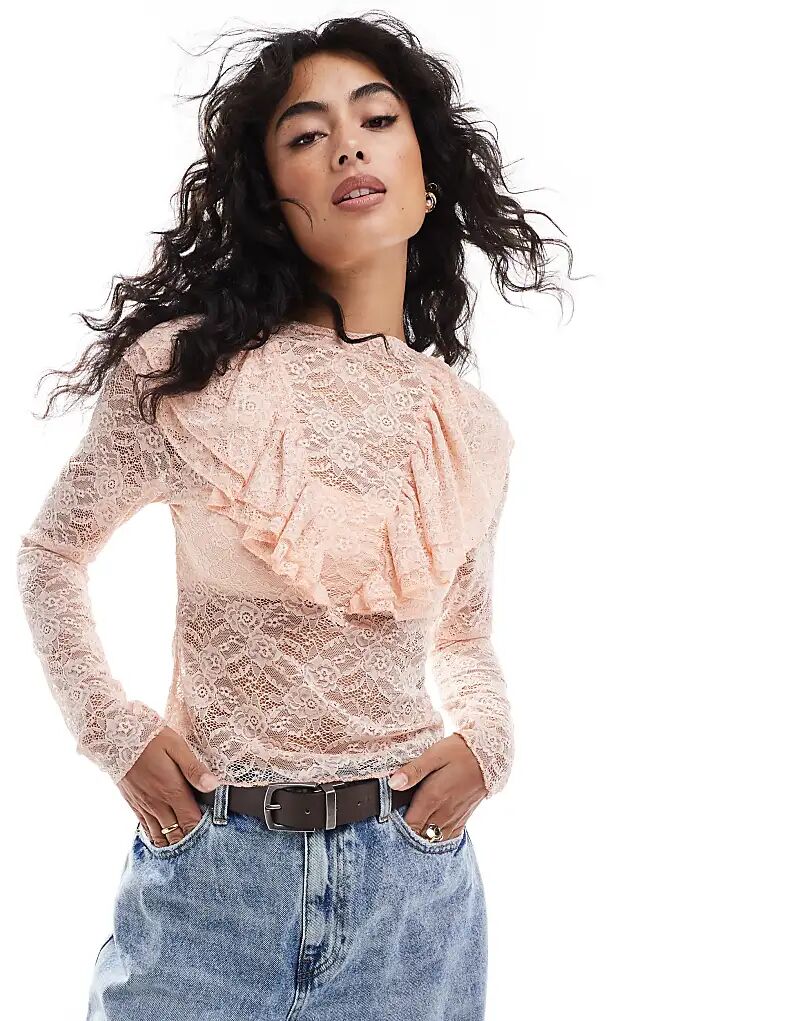 

Кружевной топ с длинными рукавами и оборками Miss Selfridge