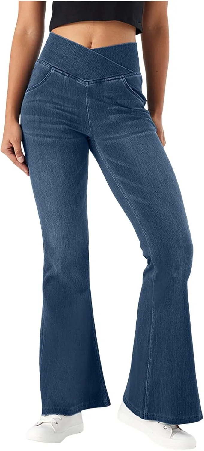 

Женские джинсы-фларе с завышенной талией и карманами