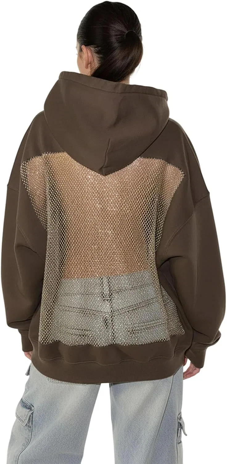 Худи женское с сетчатой спинкой, Oversized, Dark Brown