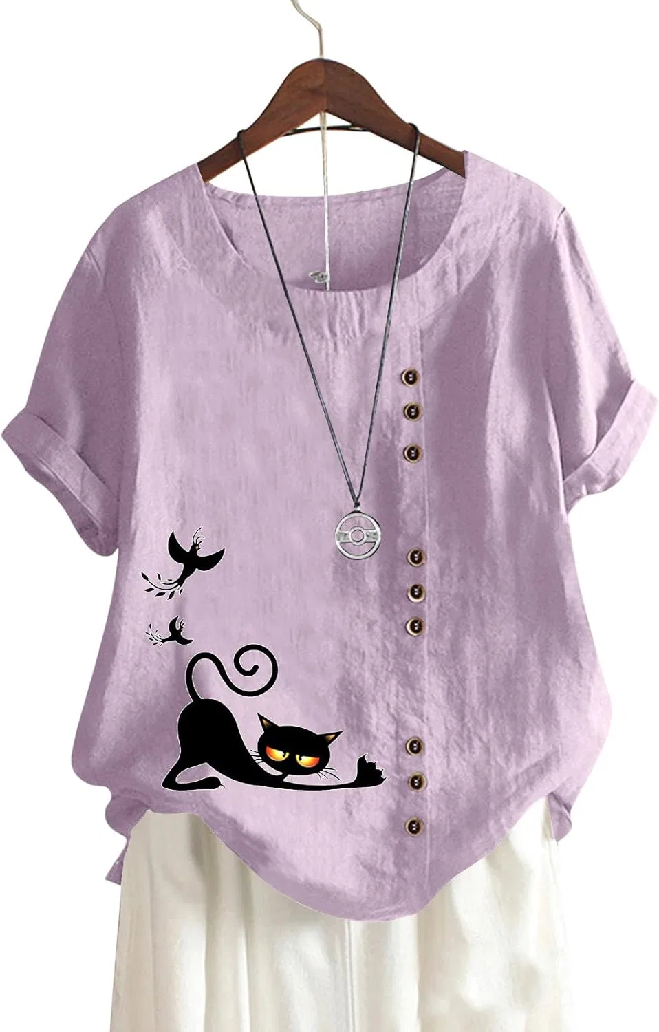 Блуза, свободная, из хлопка и льна, Women's Short Sleeve T-shirt, светло-фиолетовый — фото 2