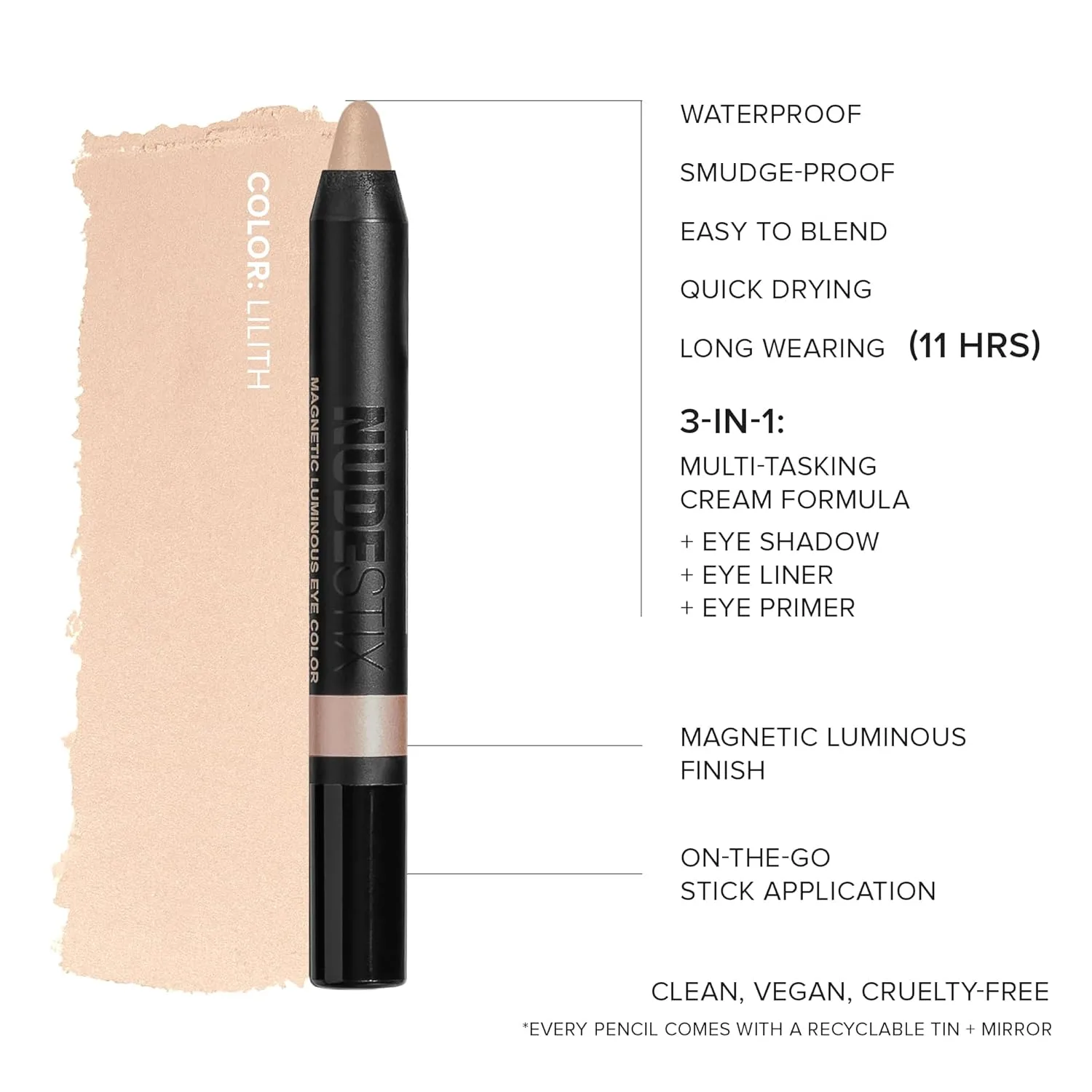 Nudestix Magnetic Luminous Eye Color - кремовые тени-карандаш 4-в-1, подводка для глаз, праймер и хайлайтер | Стойкий, водостойкий сатиновый финиш | Веганский продукт, не тестируется на животных, lilith — фото 4