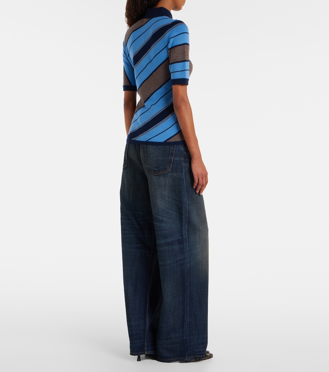 Рубашка-поло из шерстяной ткани в полоску с ребристым узором Acne Studios, Multi Blue — фото 3