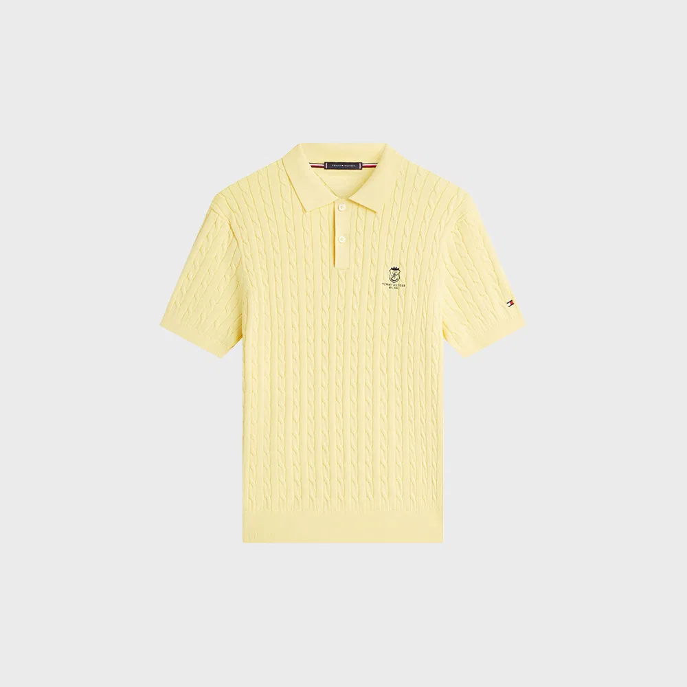 Мужской вязаный свитер-поло в косичку светло-жёлтый от Tommy Hilfiger — фото 3
