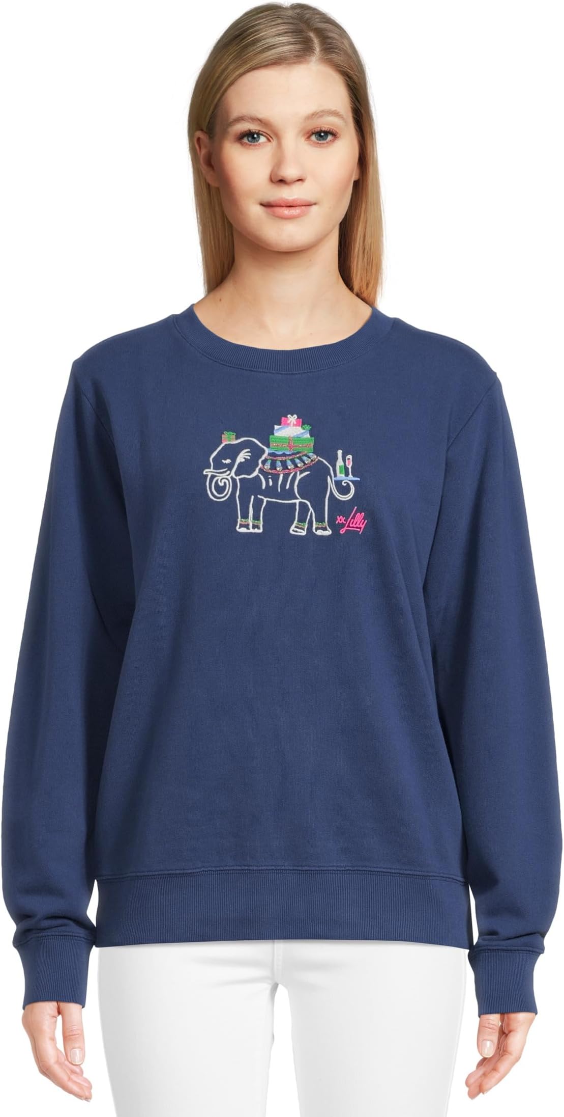 

Свитер Lilly Pulitzer Ballad Long Sleeve Sweatshirt, цвет Low Tide Navy Holiday Elephant Embroidery