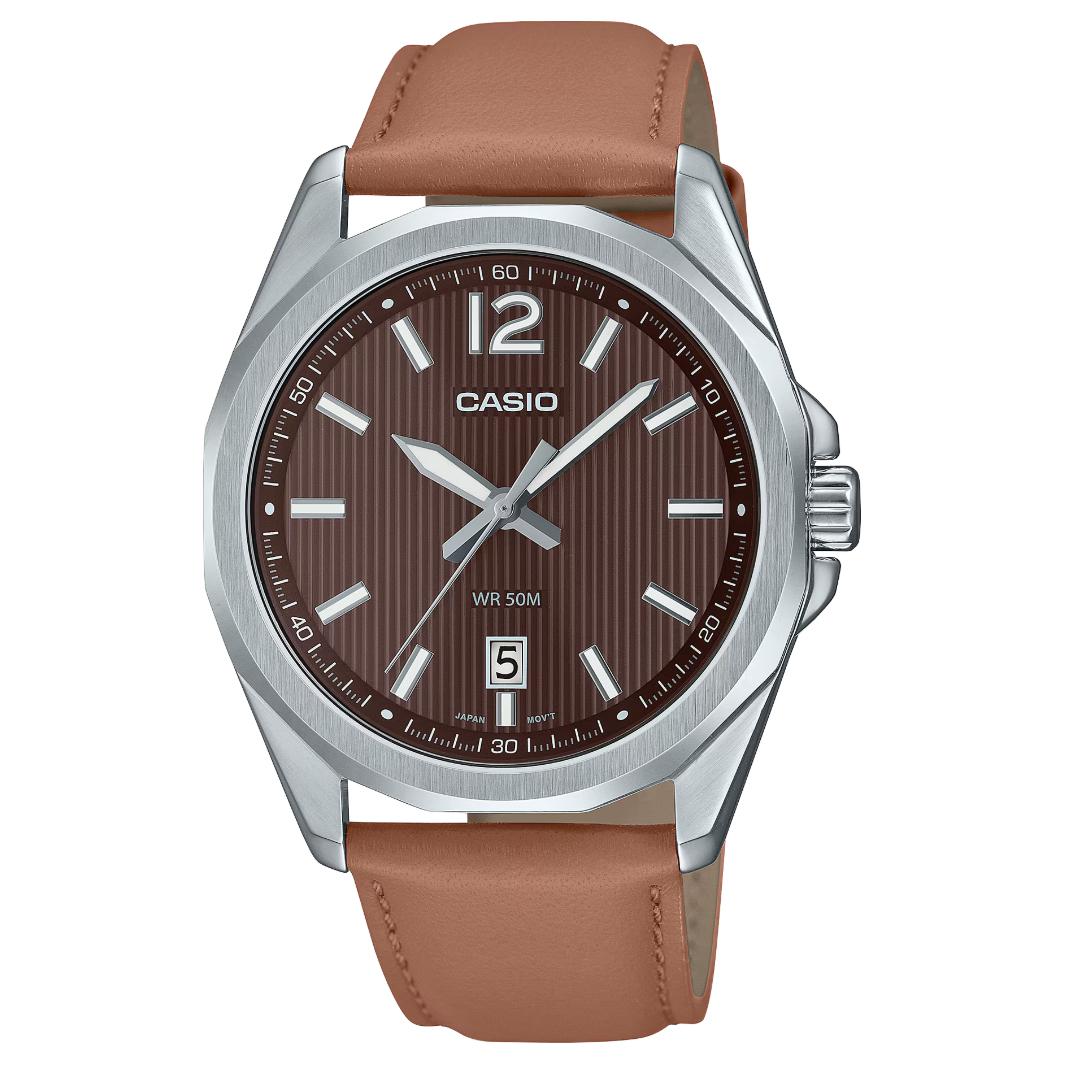 

Мужские часы с кварцевым механизмом и кожаным ремешком, циферблат coffee CASIO