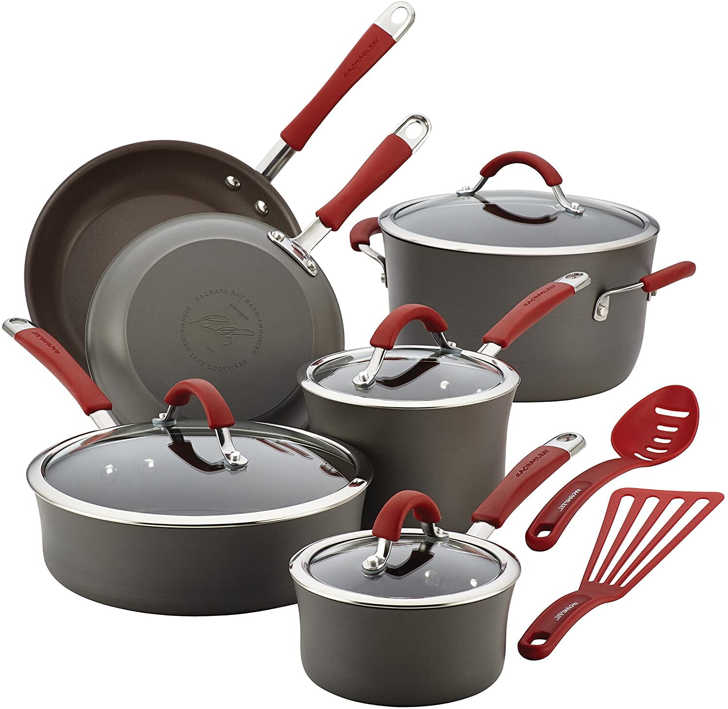 

87630 Набор кастрюль и сковородок Cucina с твердым анодированным антипригарным покрытием, 12 предметов, серый, с красными ручками Rachael Ray, цвет Gray
