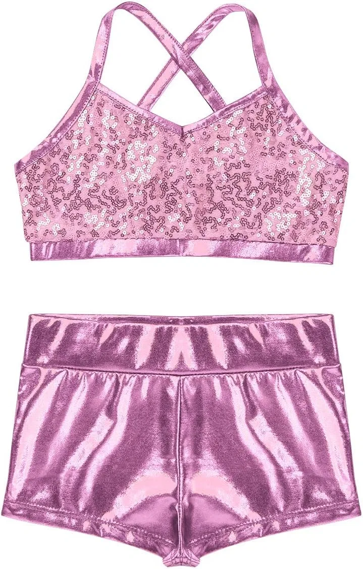 Спортивный костюм для девочек с пайетками vastwit, топ и шорты, Pink Sequined — фото 3