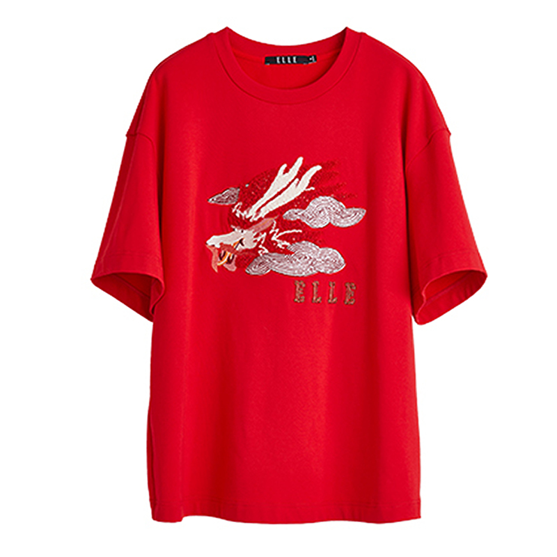 

ELLE Футболка женская красная с круглым вырезом умеренного прямого кроя