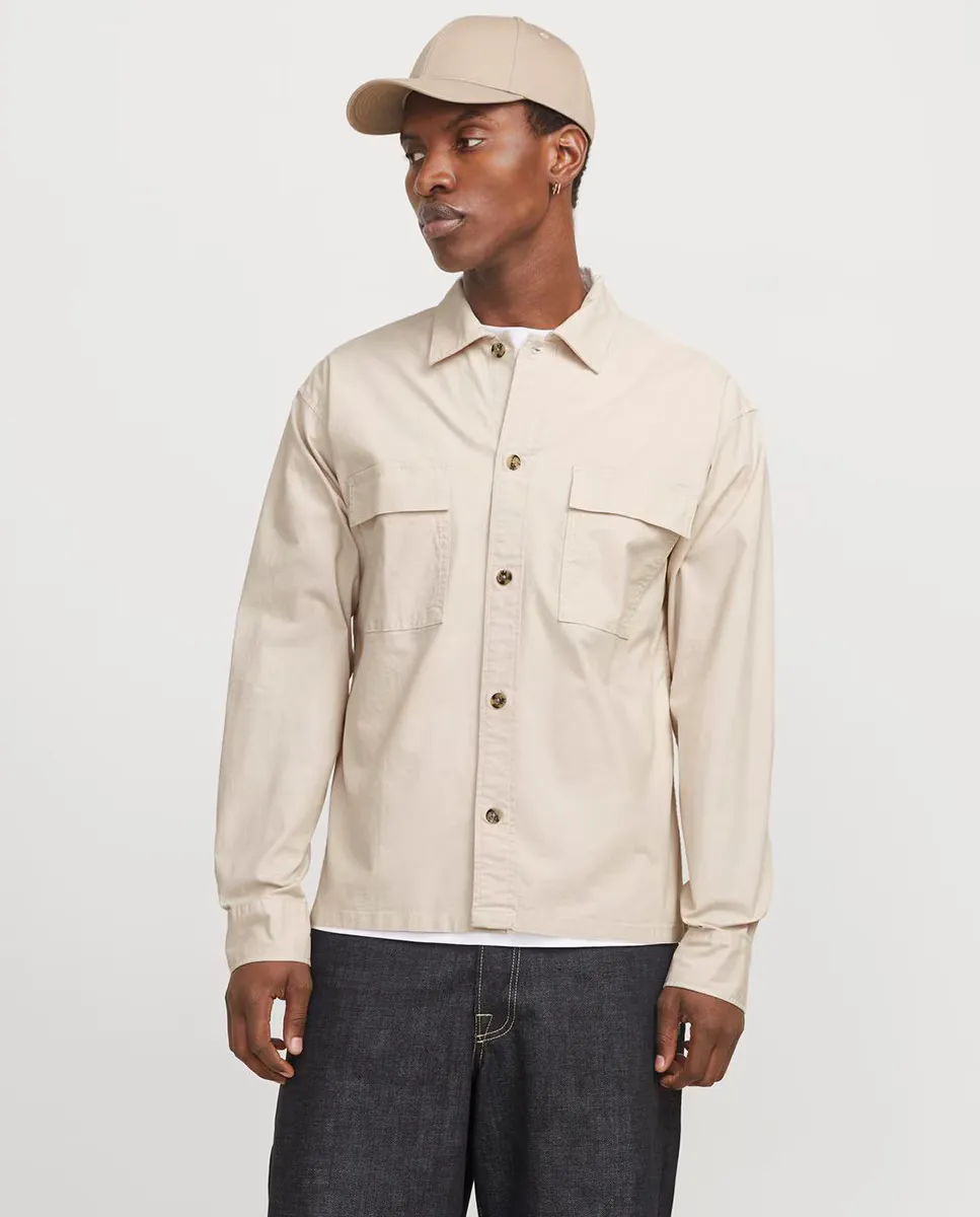 

Мужская однотонная рубашка с боковыми карманами Jack & Jones, бежевый