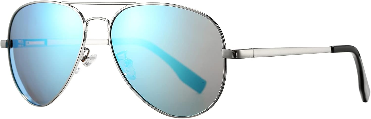 

Поляризованные солнцезащитные очки-авиаторы для мужчин и женщин, металлическая оправа, 100% защита от УФ-излучения UV400, диаметр линз 58 мм PORADAY, A5 Silver Frame/Blue Mirrored Lens