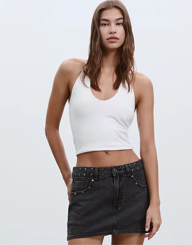 

Юбка-шорты Stradivarius D62 из денима с заклепками, черный деним с эффектом потертости
