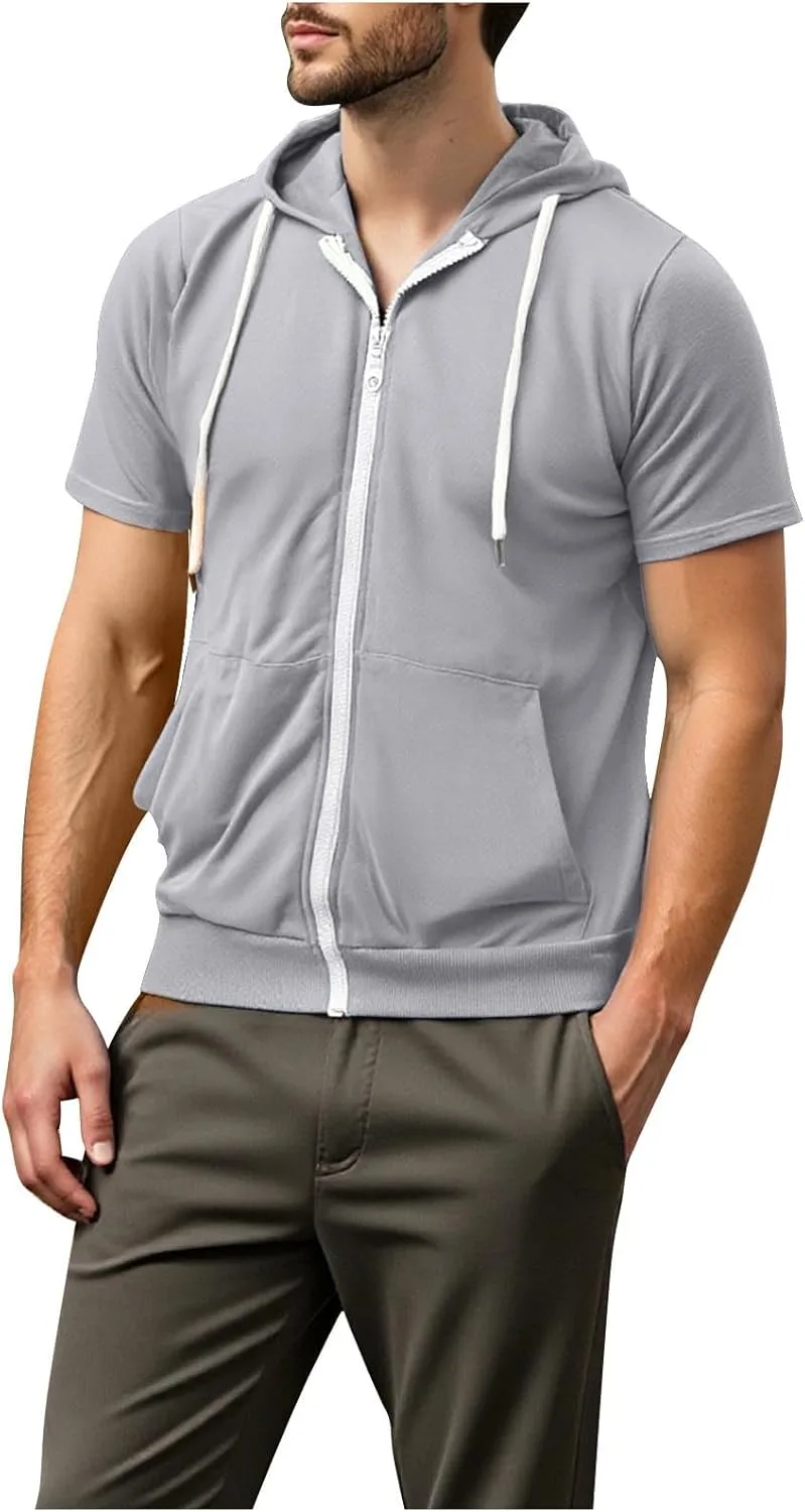 Мужская худи с капюшоном Slim Fit, короткий рукав, с карманом-кенгуру