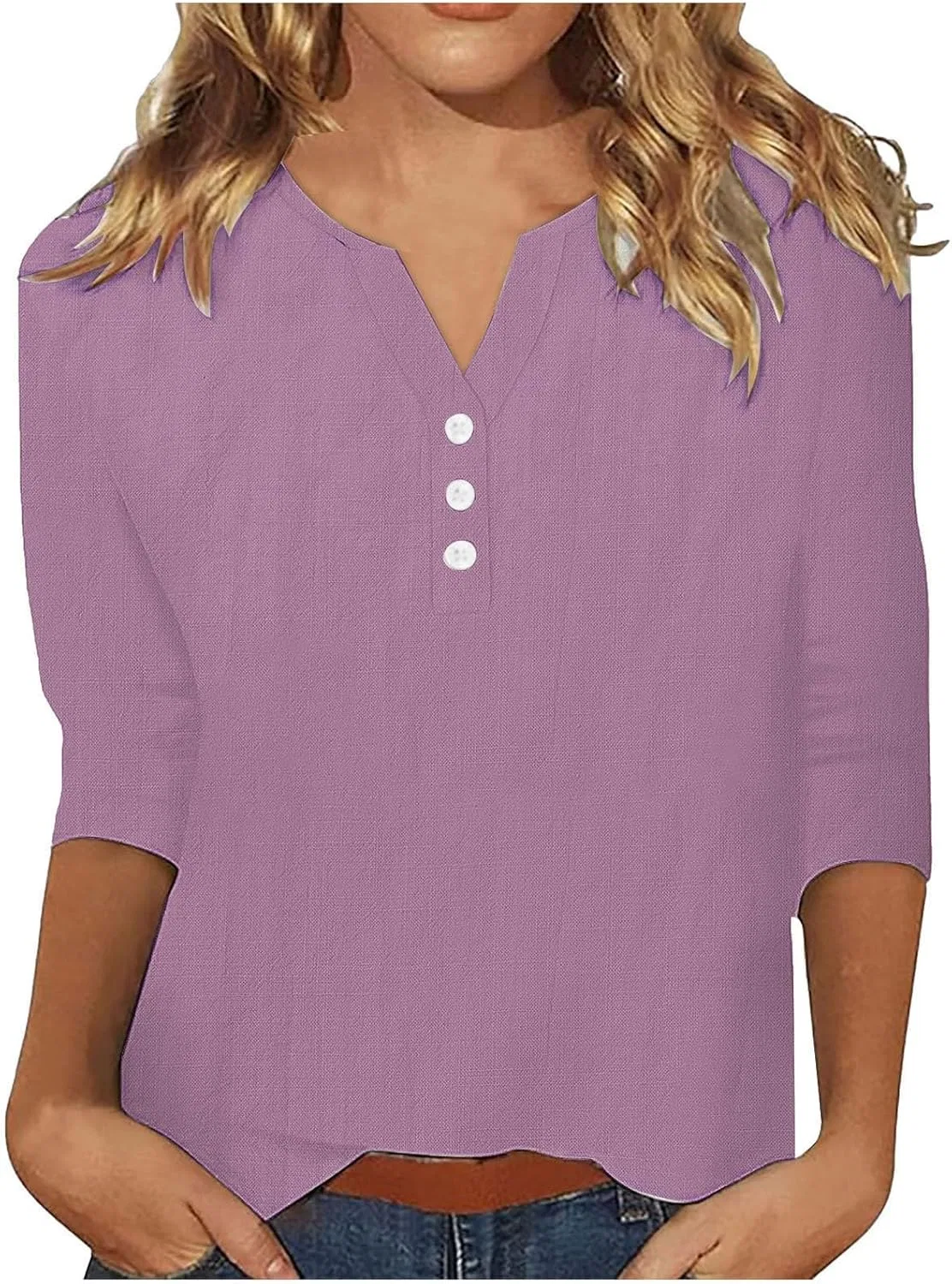 Женская блуза с V-образным вырезом, Cotton Linen, 3/4 рукав, фиолетовый