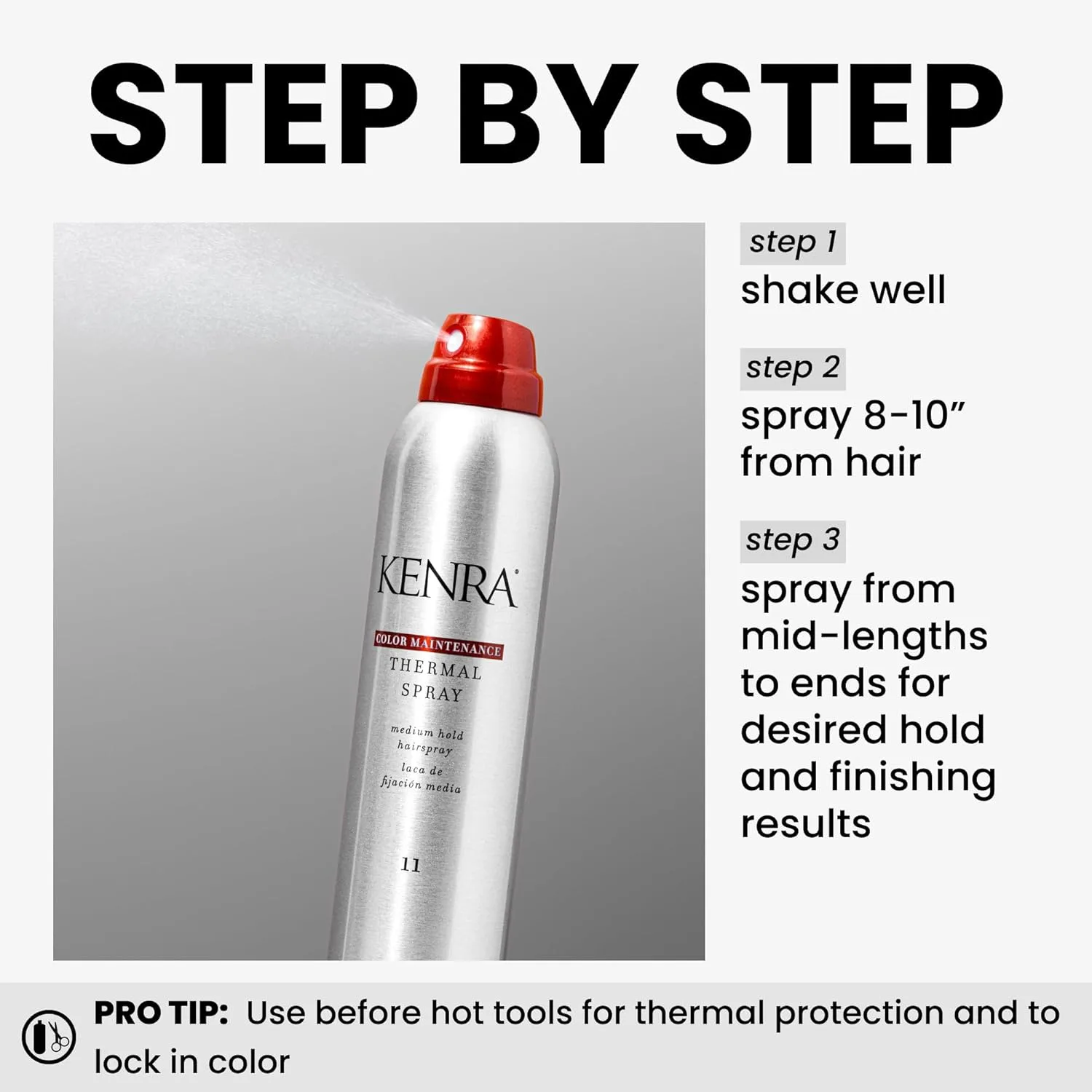 Kenra Color Maintenance Thermal Spray 11, термозащитный спрей для окрашенных волос, средняя фиксация, для всех типов волос 226.80 г (1 шт.) — фото 4