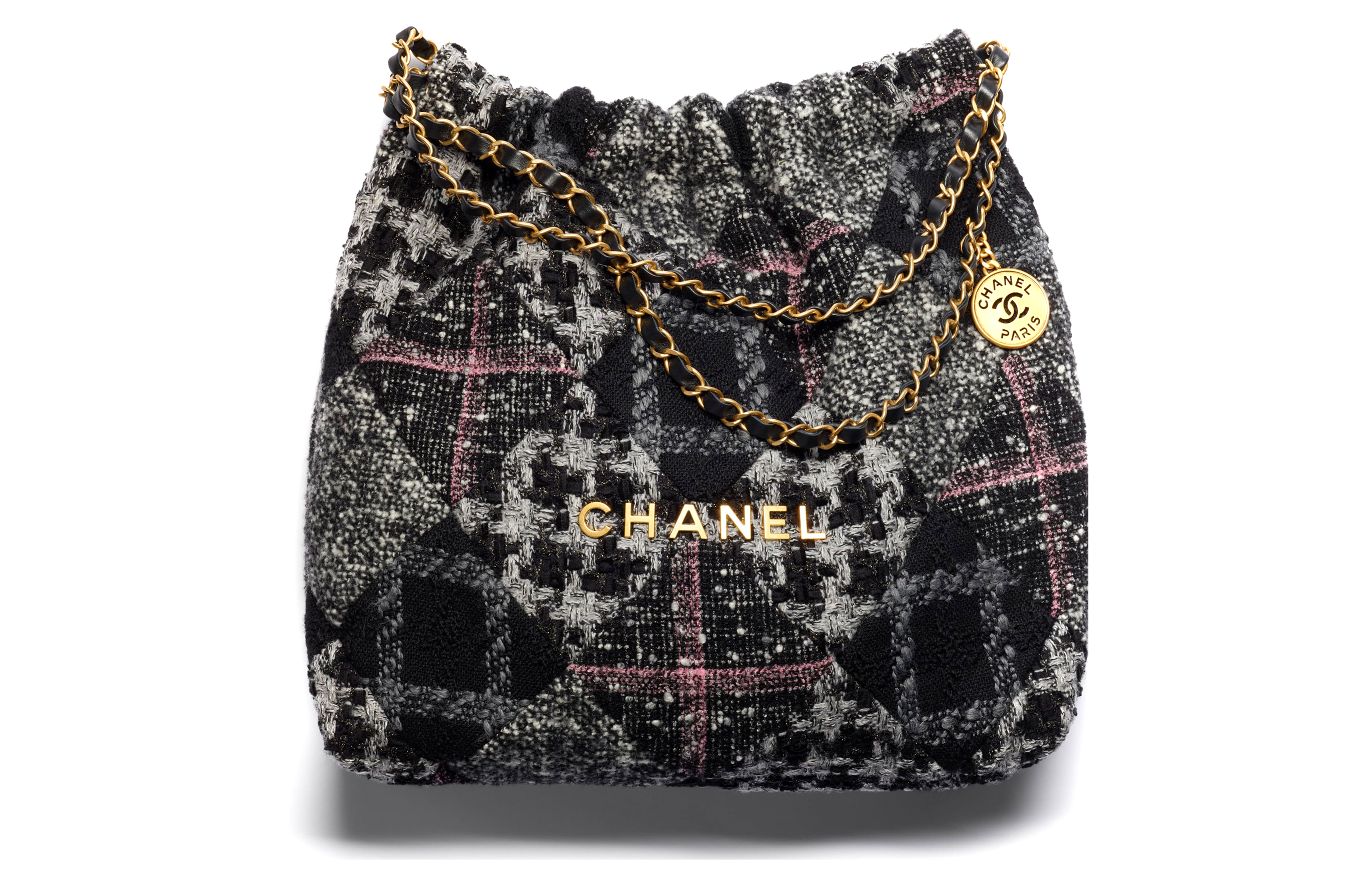 

CHANEL 22K Осень-Зима 22Bag Шерстяная сумка-тоут, сумка для покупок, дамская сумочка, сумка через плечо, женская серо-розовая