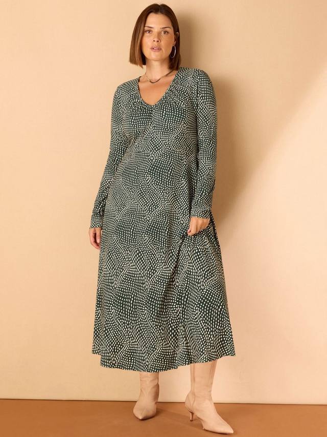 

Платье миди из джерси с v-образным вырезом и сборками в горох Live Unlimited