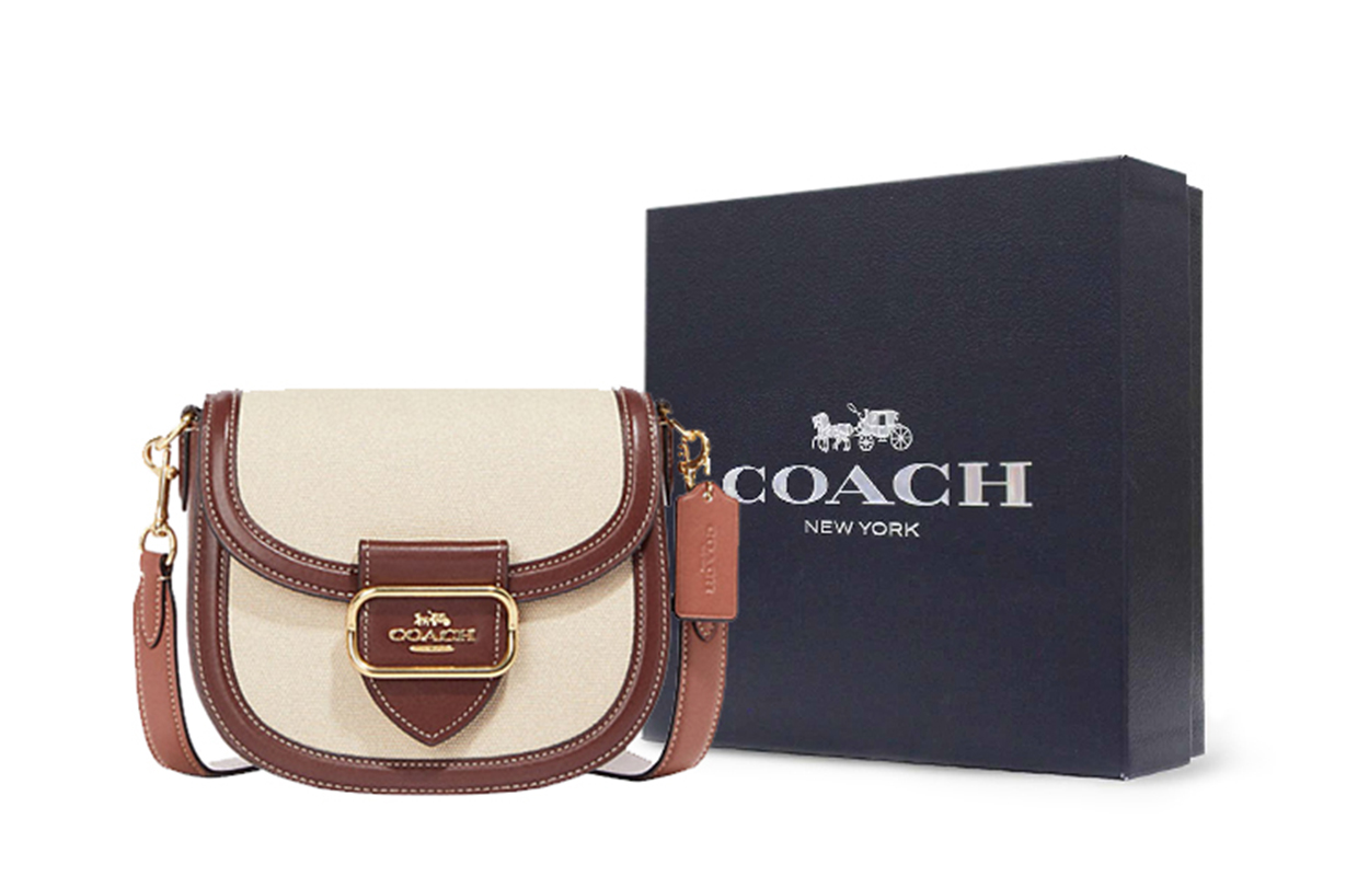 

COACH Сумка-седло из кожи Морган с текстилем через плечо маленький размер женская красная и бежевая