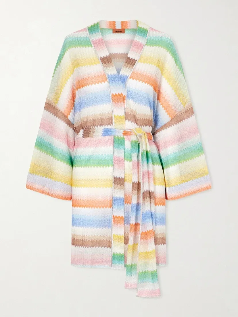 Пляжная накидка с поясом из металлической пряжи в технике кроше Missoni, мультицвет