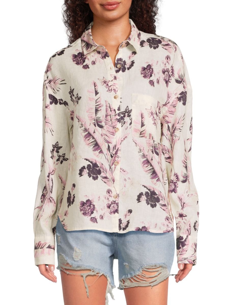 

Рубашка свободного покроя из 100% льна с цветочным принтом Saks Fifth Avenue, цвет Floral Mauve