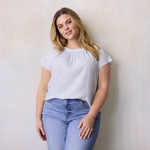 

Плюс сайз топ с присборенным вырезом и завязкой Lc Lauren Conrad, Blue Ellie Stripe