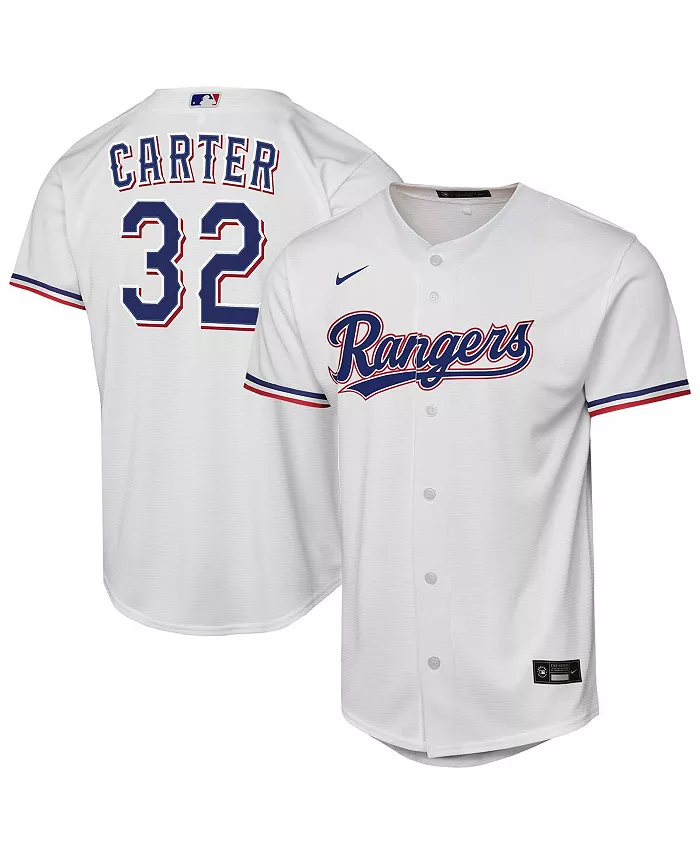 

Белая реплика домашней футболки игрока Evan Carter Texas Rangers для больших мальчиков и девочек Nike