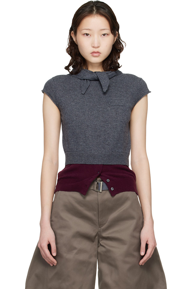 

Meryll Rogge Свитер-Бандана серо-бордового цвета с круглым вырезом и короткими рукавами