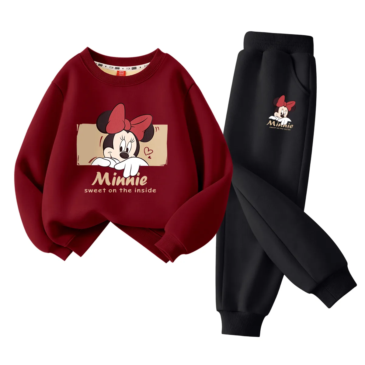 Детский спортивный костюм с круглым вырезом Disney, [Thickened and Fleece-Lined]Di Hide Burgundy+Di Hide Black