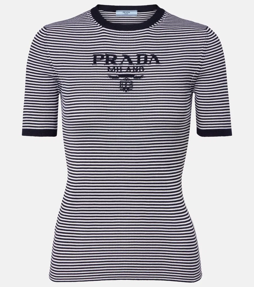 Шелковый свитер в полоску с логотипом Prada, синий