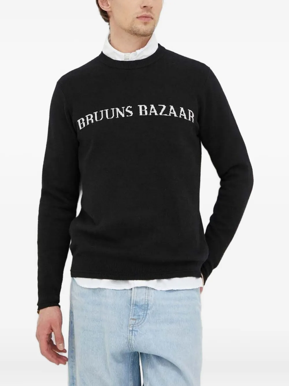 

Свитер с круглым вырезом и логотипом-интарсией Bruuns Bazaar, черный