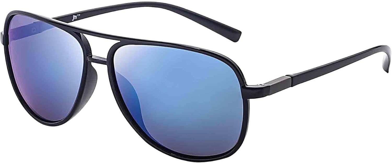 

Солнцезащитные очки-авиаторы JM Retro с поляризацией для мужчин и женщин, большие, не спутываются, из пластика, защита от УФ-излучения UV400, Shiny Black / Polarized Mirrored Blue