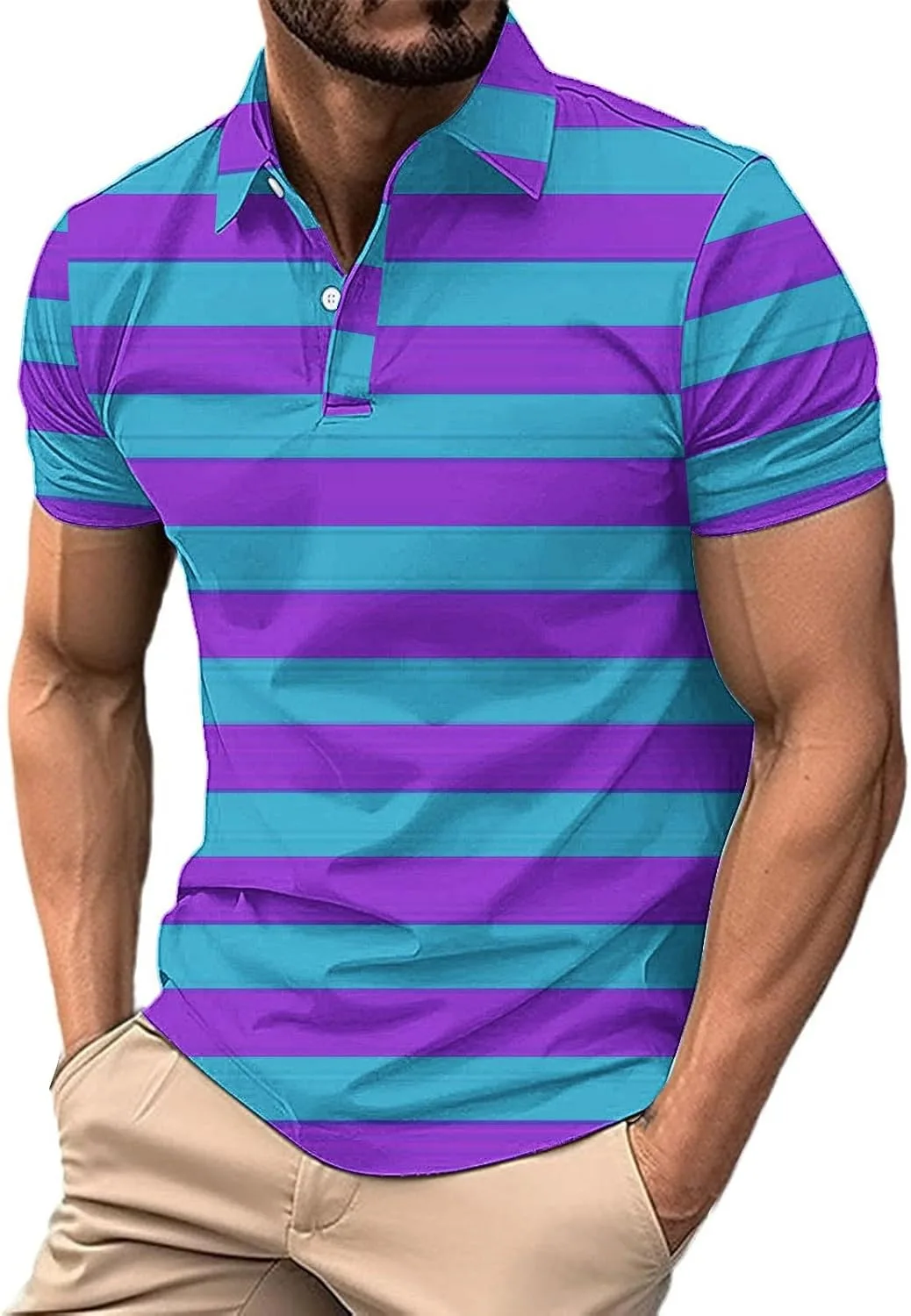 

Men Striped Henley Shirts 2 Button Short Sleeve Stretch Golf Shirt Regular Fit Classic Business Work Tee Tops