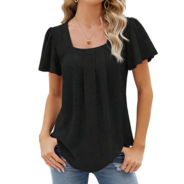 

Женская блуза с квадратным вырезом и ажурной отделкой, короткий рукав-фонарик, свободный крой, летний топ Clearflower, Black