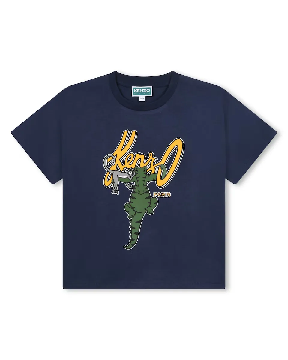 

Футболка для мальчика из 100% хлопка с рисунком спереди Kenzo Kids, темно-синий