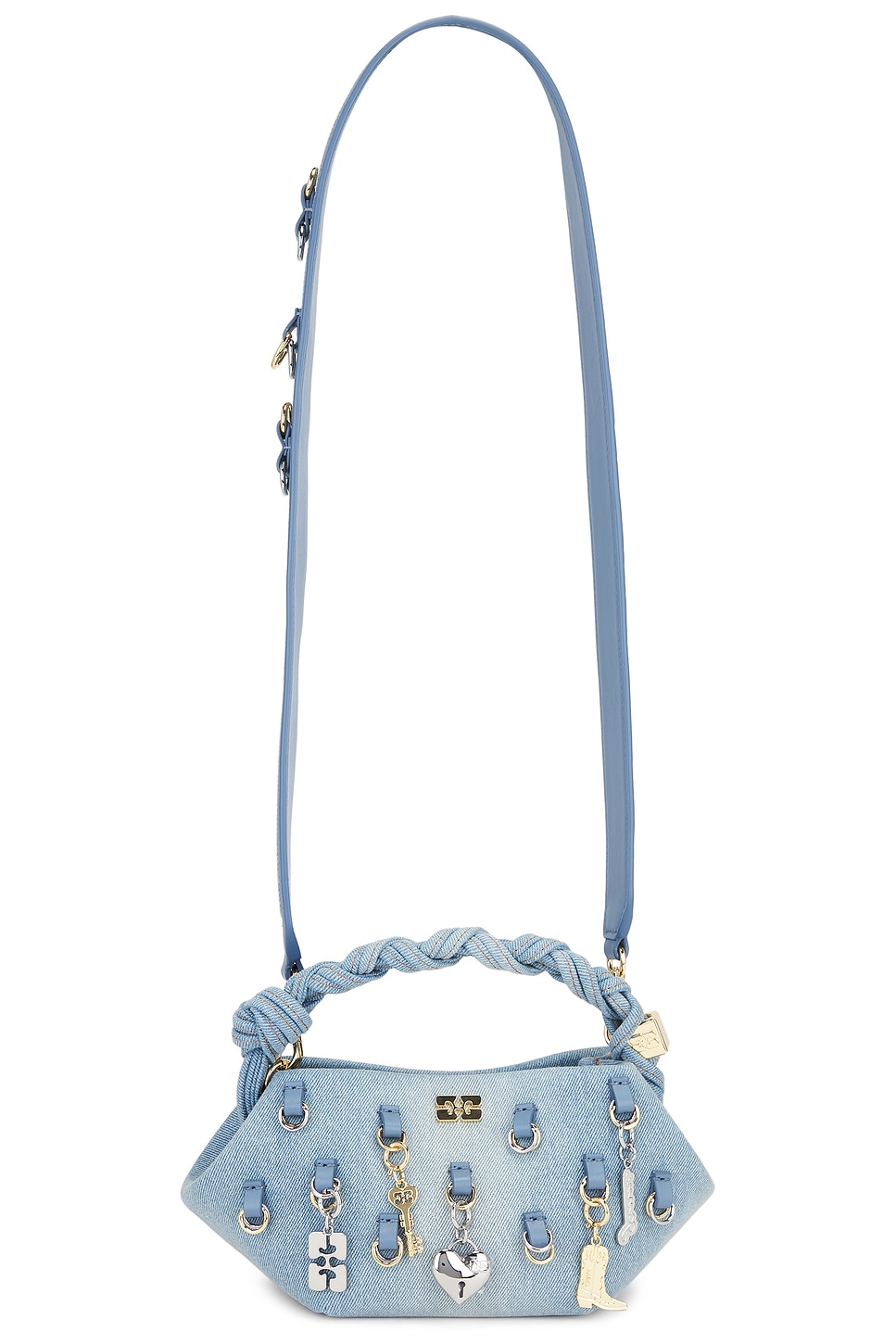 

Мини-сумка Washed denim charms bou от Ganni, faded denim