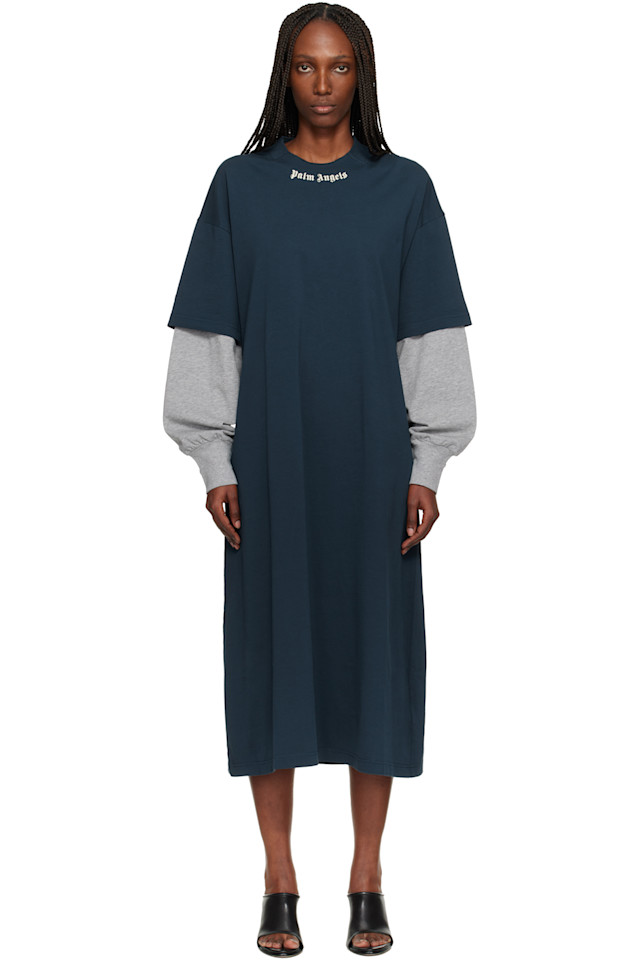 

Palm Angels Длинное платье темно-синего цвета с изогнутым логотипом, многослойное